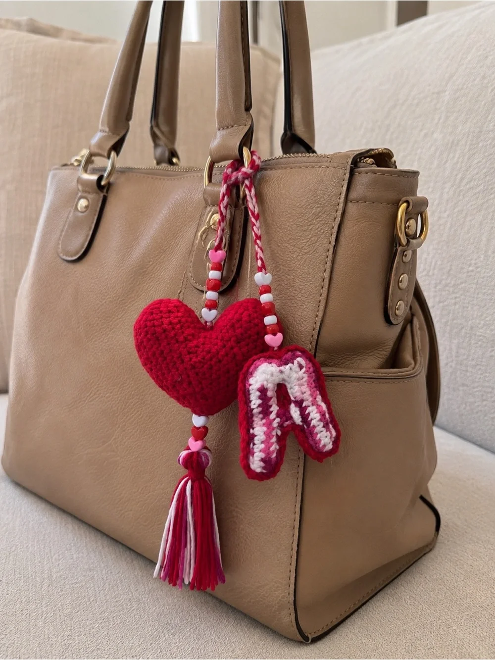 Red Crochet Heart Keychain with Pink Letter A Charm